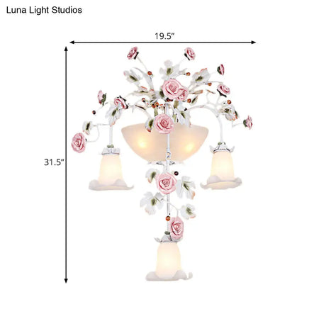 Korean Garden Pink Wall Light With White Floral Glass Sconce - 5 Heads For Hallway Lighting
