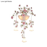 Korean Garden Pink Wall Light With White Floral Glass Sconce - 5 Heads For Hallway Lighting