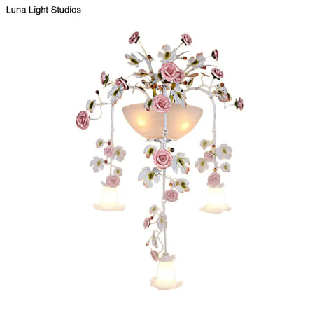 Korean Garden Pink Wall Light With White Floral Glass Sconce - 5 Heads For Hallway Lighting