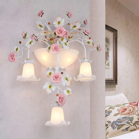 Korean Garden Pink Wall Light With White Floral Glass Sconce - 5 Heads For Hallway Lighting / A