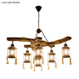 Lantern Restaurant Island Light - Clear Glass & Wood Hanging Lamp With 6 Lights