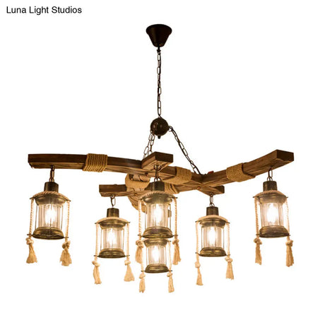 Lantern Restaurant Island Light - Clear Glass & Wood Hanging Lamp With 6 Lights