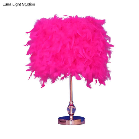 Lara - Simplicity Drum Night Lamp Feather 1-Light Bedroom Table Lighting In Pink/Red/Yellow With