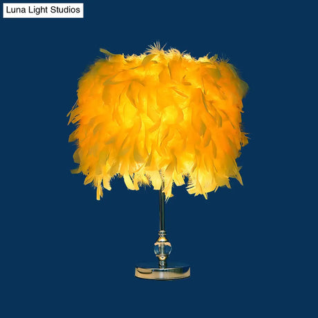 Lara - Simplicity Drum Night Lamp Feather 1-Light Bedroom Table Lighting In Pink/Red/Yellow With