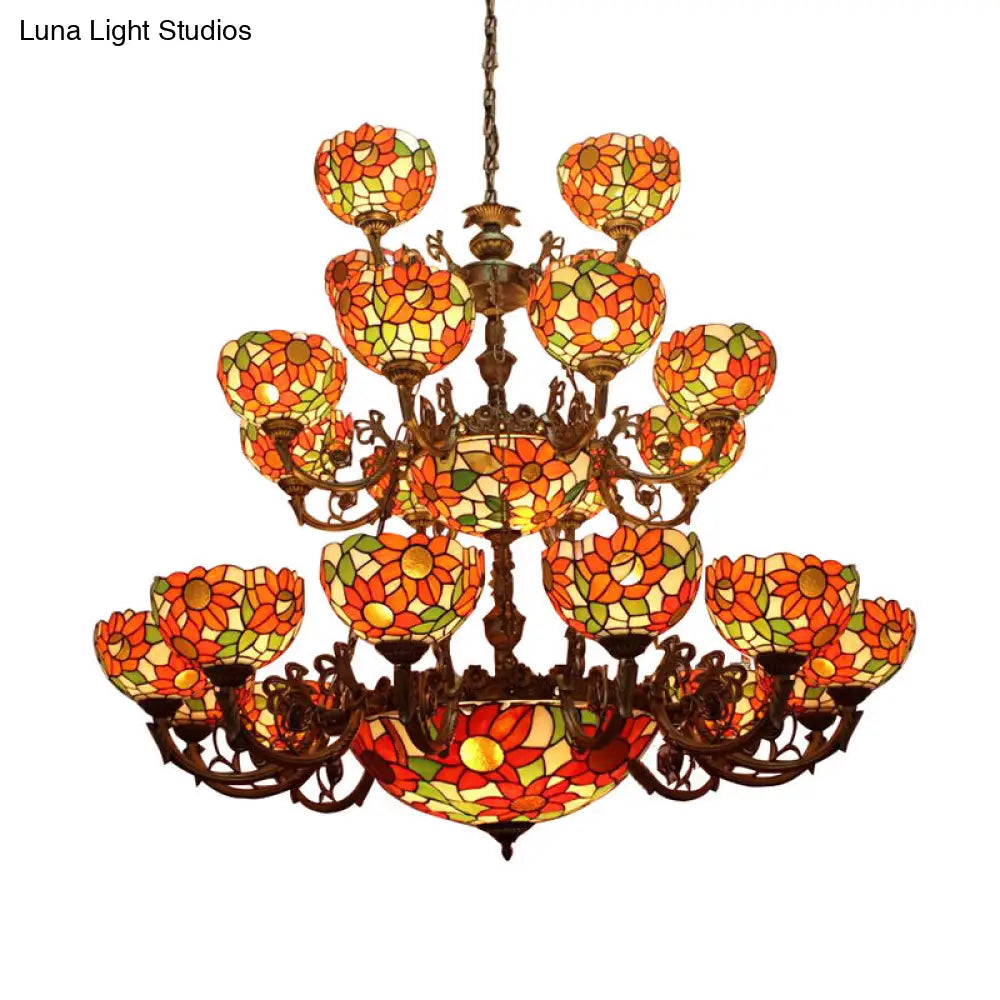 Large 3-Tier Rustic Stained Glass Floral Ceiling Chandelier Pendant
