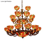 Large 3-Tier Rustic Stained Glass Floral Ceiling Chandelier Pendant