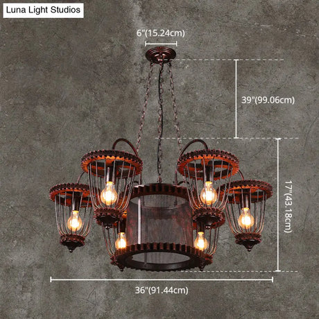 Large Cage Chandelier: Industrial Style Pendant Light Fixture In Wrought Iron With Rust Finish