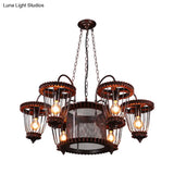 Large Cage Chandelier: Industrial Style Pendant Light Fixture In Wrought Iron With Rust Finish