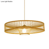 Laser Cut Bamboo Pendant Light With Japanese-Inspired Design In Beige