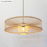 Laser Cut Bamboo Pendant Light With Japanese-Inspired Design In Beige