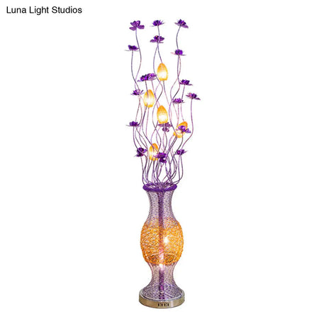 Led Aluminum Bloom Floor Lamp: Decorative Vine Shape With Purple Vase Pedestal - Reading Light