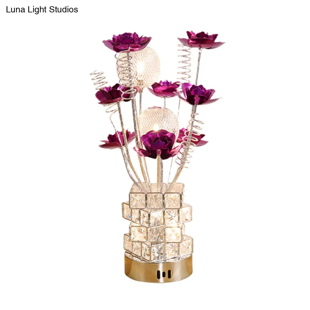 Led Aluminum Table Lamp With Crystal Block Base In Purple/Red - Art Decor Floral Design For Bedside