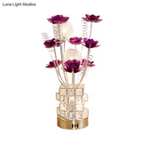 Led Aluminum Table Lamp With Crystal Block Base In Purple/Red - Art Decor Floral Design For Bedside