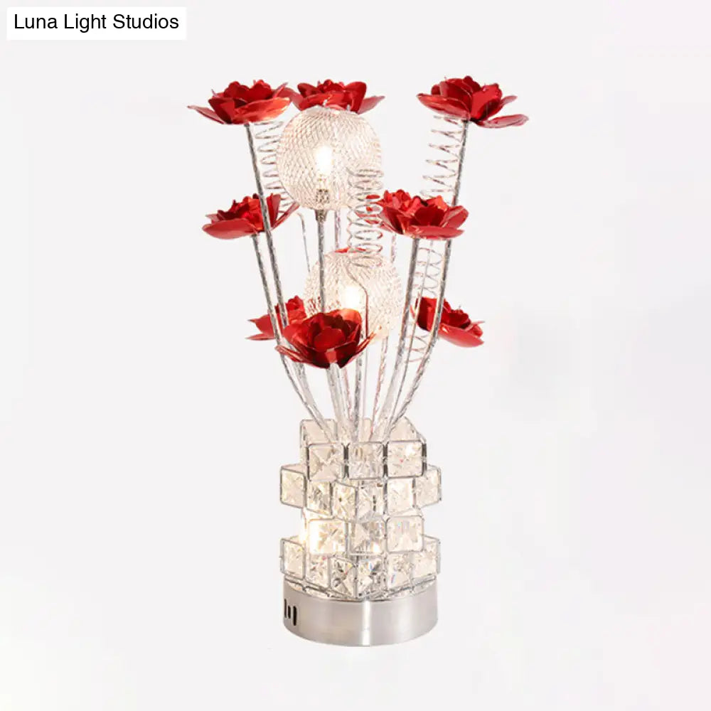 Led Aluminum Table Lamp With Crystal Block Base In Purple/Red - Art Decor Floral Design For Bedside