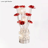 Led Aluminum Table Lamp With Crystal Block Base In Purple/Red - Art Decor Floral Design For Bedside