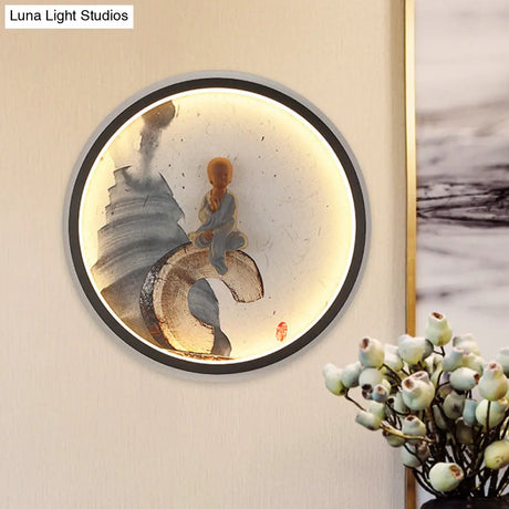 Led Asian Buddha Boy Mural Lamp: Wall Mounted Aluminum Lighting With Black Halo Ring - Ideal For
