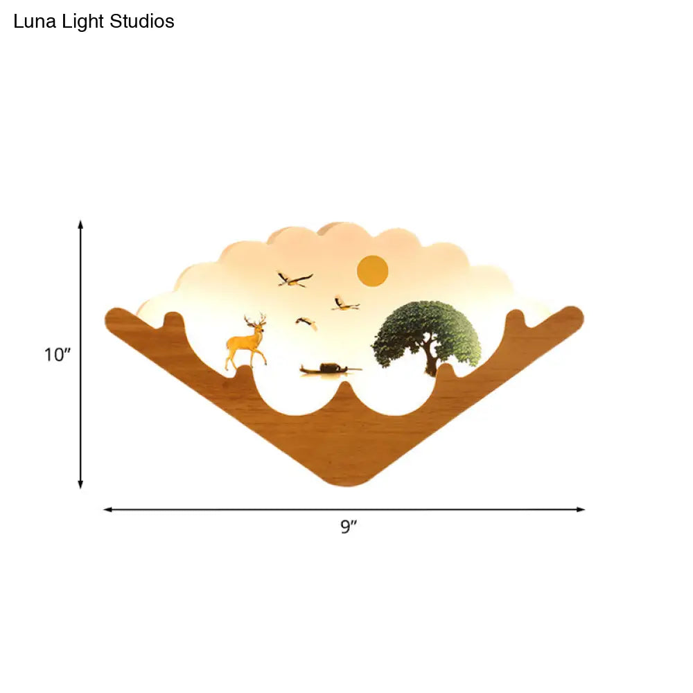 Led Asian Style Acrylic Fan Shaped Wall Lamp With Elk Deer & Forest Pattern