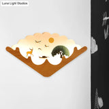 Led Asian Style Acrylic Fan Shaped Wall Lamp With Elk Deer & Forest Pattern