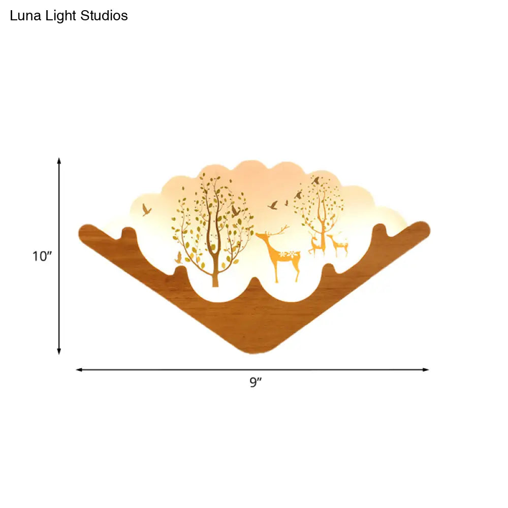 Led Asian Style Acrylic Fan Shaped Wall Lamp With Elk Deer & Forest Pattern