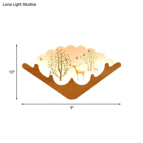 Led Asian Style Acrylic Fan Shaped Wall Lamp With Elk Deer & Forest Pattern