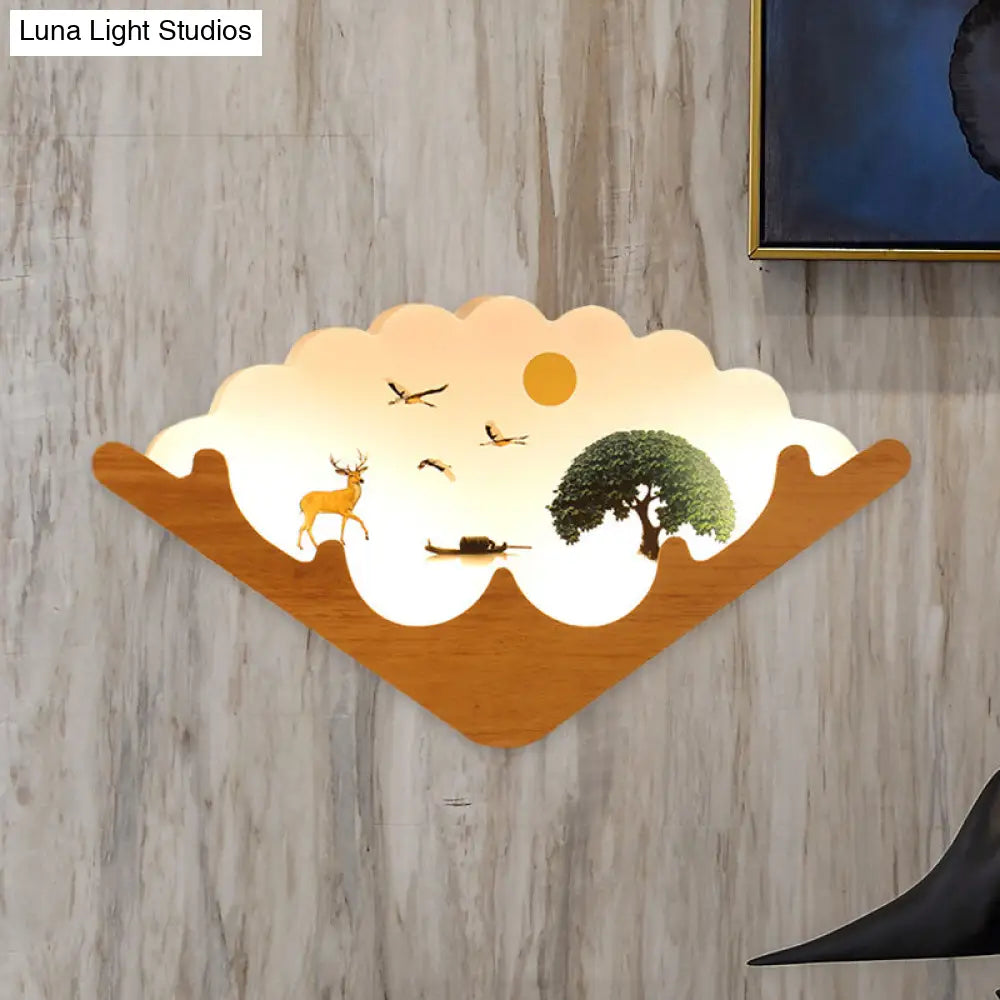 Led Asian Style Acrylic Fan Shaped Wall Lamp With Elk Deer & Forest Pattern