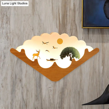 Led Asian Style Acrylic Fan Shaped Wall Lamp With Elk Deer & Forest Pattern