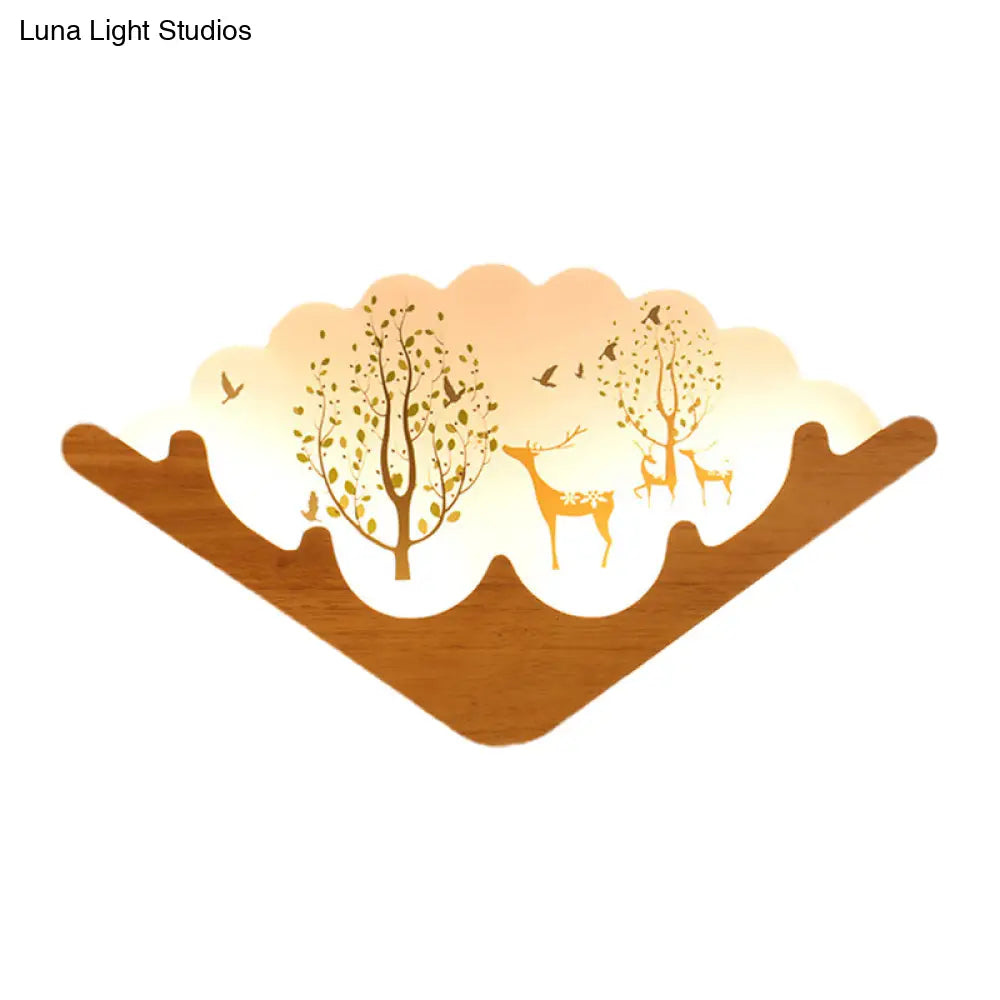 Led Asian Style Acrylic Fan Shaped Wall Lamp With Elk Deer & Forest Pattern