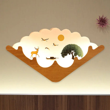 Led Asian Style Acrylic Fan Shaped Wall Lamp With Elk Deer & Forest Pattern Wood / A