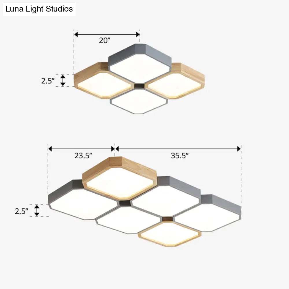 Led Checkered Ceiling Light: Nordic Grey Metal And Wood Fixture For Living Room