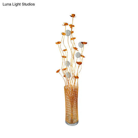 Led Decorative Aluminum Floor Reading Lamp - Twill Cylinder Style In Red/Gold With Bloom Design