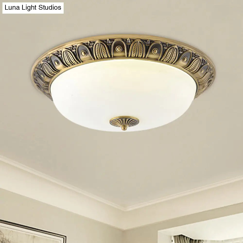 Led Dome Ceiling Lamp Fixture - Wide Antiqued Brass Finish With Opal Glass Flushmount Lighting