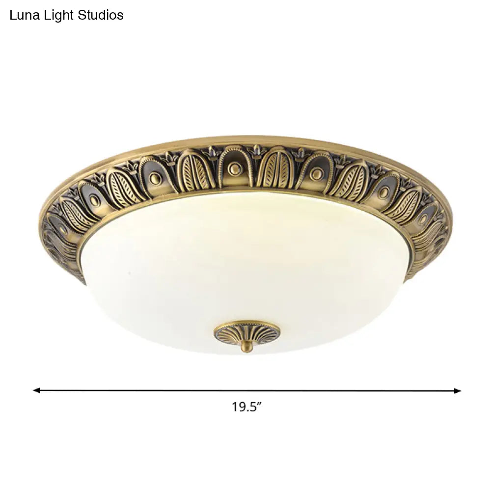 Led Dome Ceiling Lamp Fixture - Wide Antiqued Brass Finish With Opal Glass Flushmount Lighting