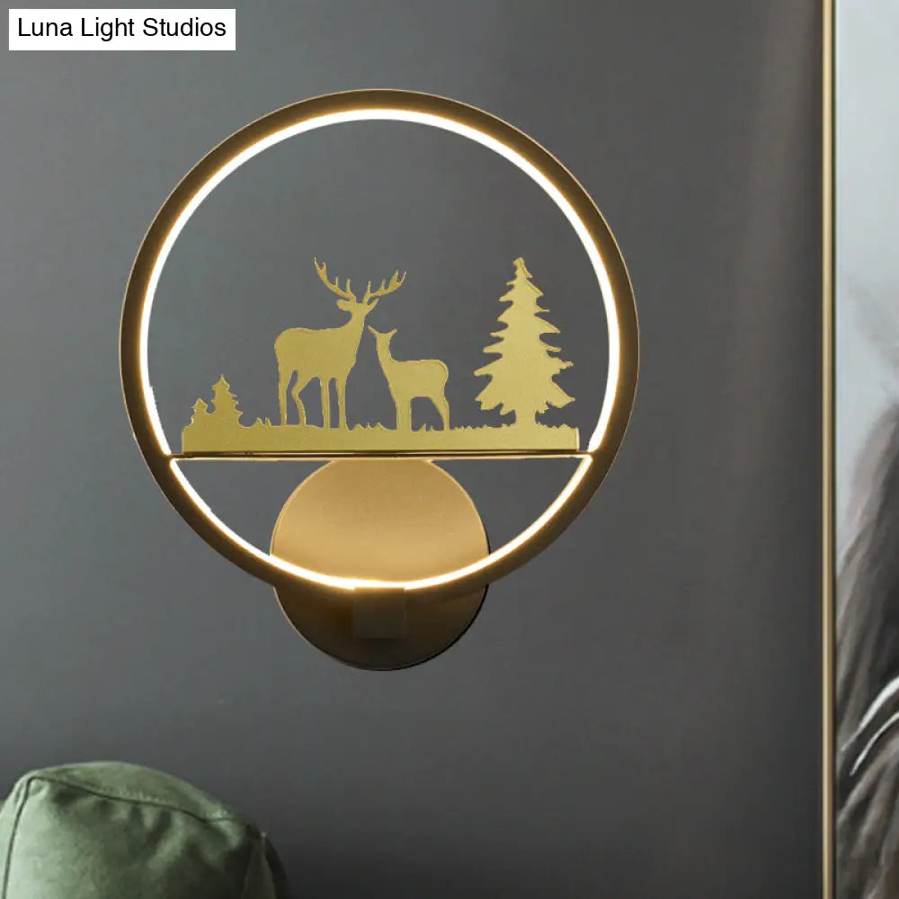 Led Elk Patterned Wall Mural Light: Minimalist Black Lighting Idea With Metallic Shade