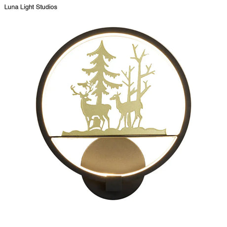 Led Elk Patterned Wall Mural Light: Minimalist Black Lighting Idea With Metallic Shade