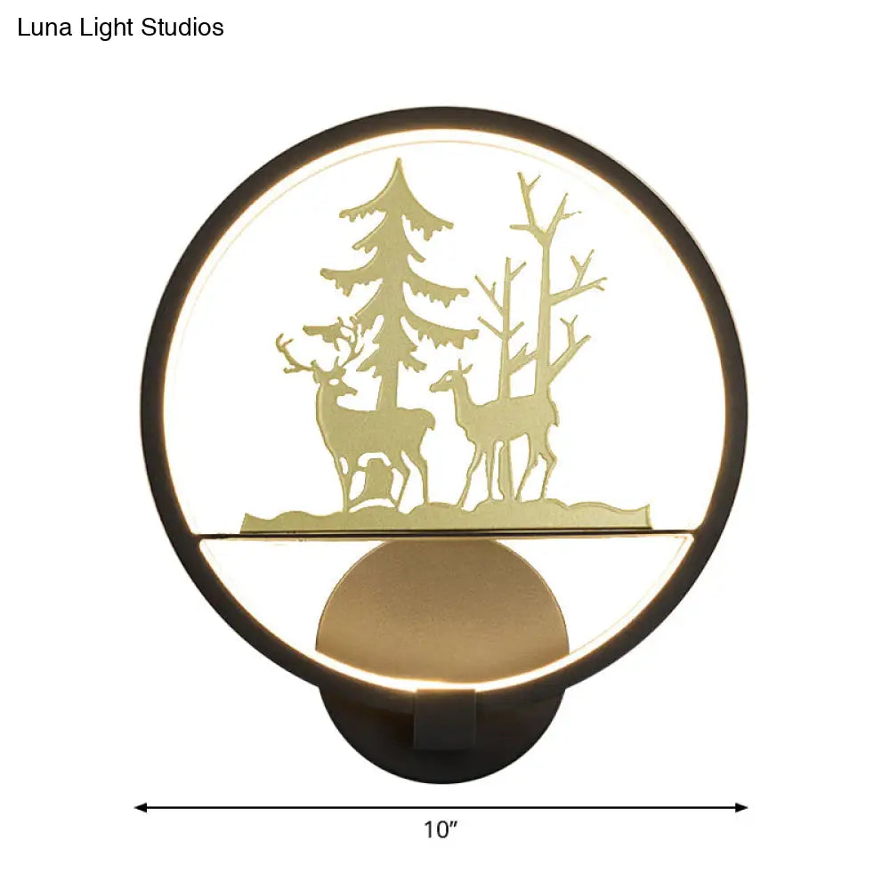 Led Elk Patterned Wall Mural Light: Minimalist Black Lighting Idea With Metallic Shade