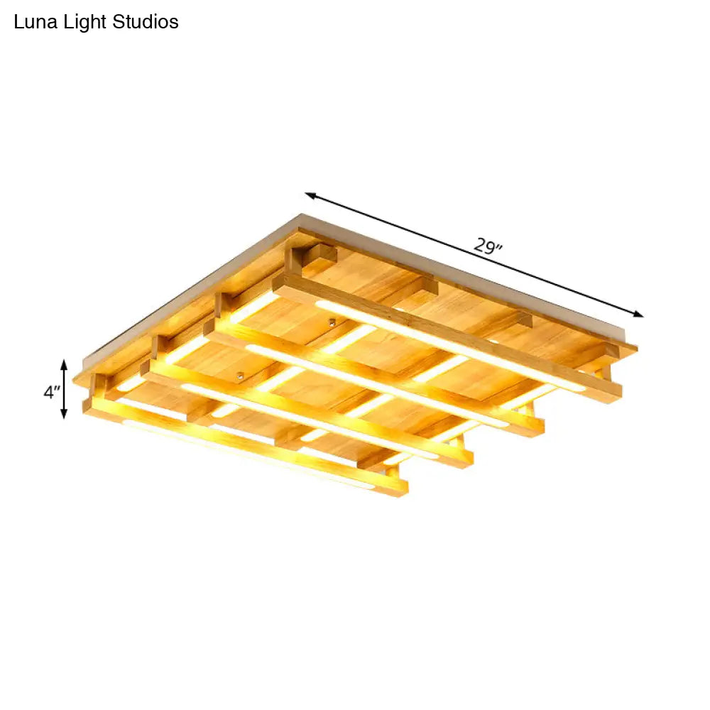 Led Flush Ceiling Light With Square Wood Shade - Modernist Brown Finish For Living Room (1/4/9