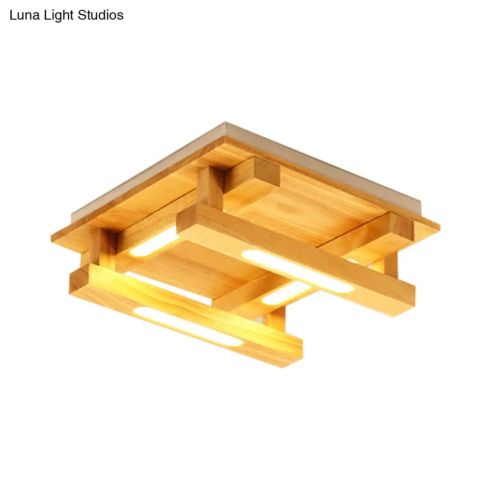 Led Flush Ceiling Light With Square Wood Shade - Modernist Brown Finish For Living Room (1/4/9