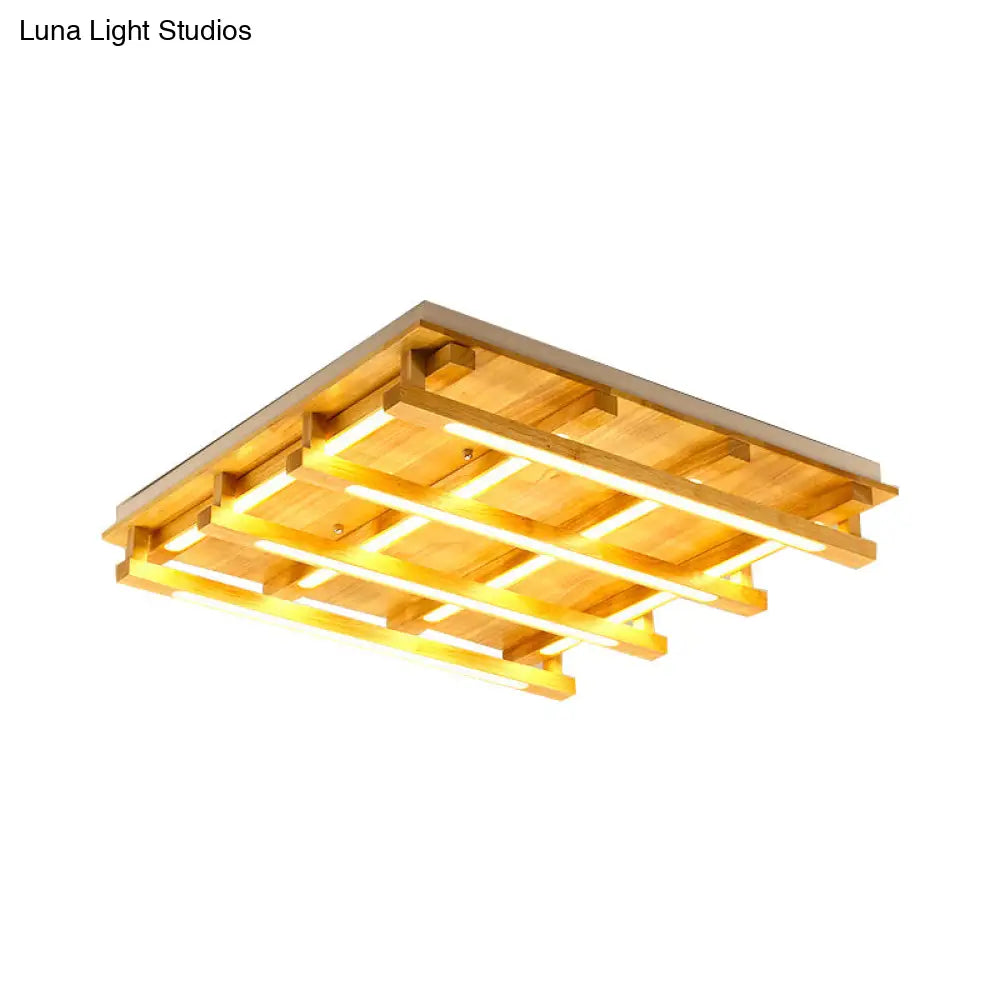 Led Flush Ceiling Light With Square Wood Shade - Modernist Brown Finish For Living Room (1/4/9