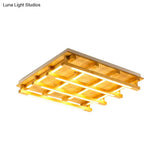 Led Flush Ceiling Light With Square Wood Shade - Modernist Brown Finish For Living Room (1/4/9