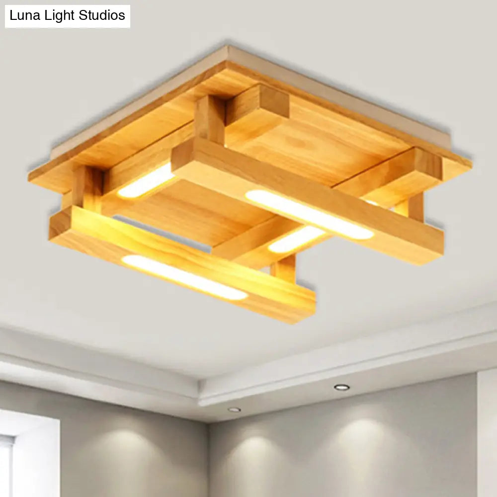 Led Flush Ceiling Light With Square Wood Shade - Modernist Brown Finish For Living Room (1/4/9