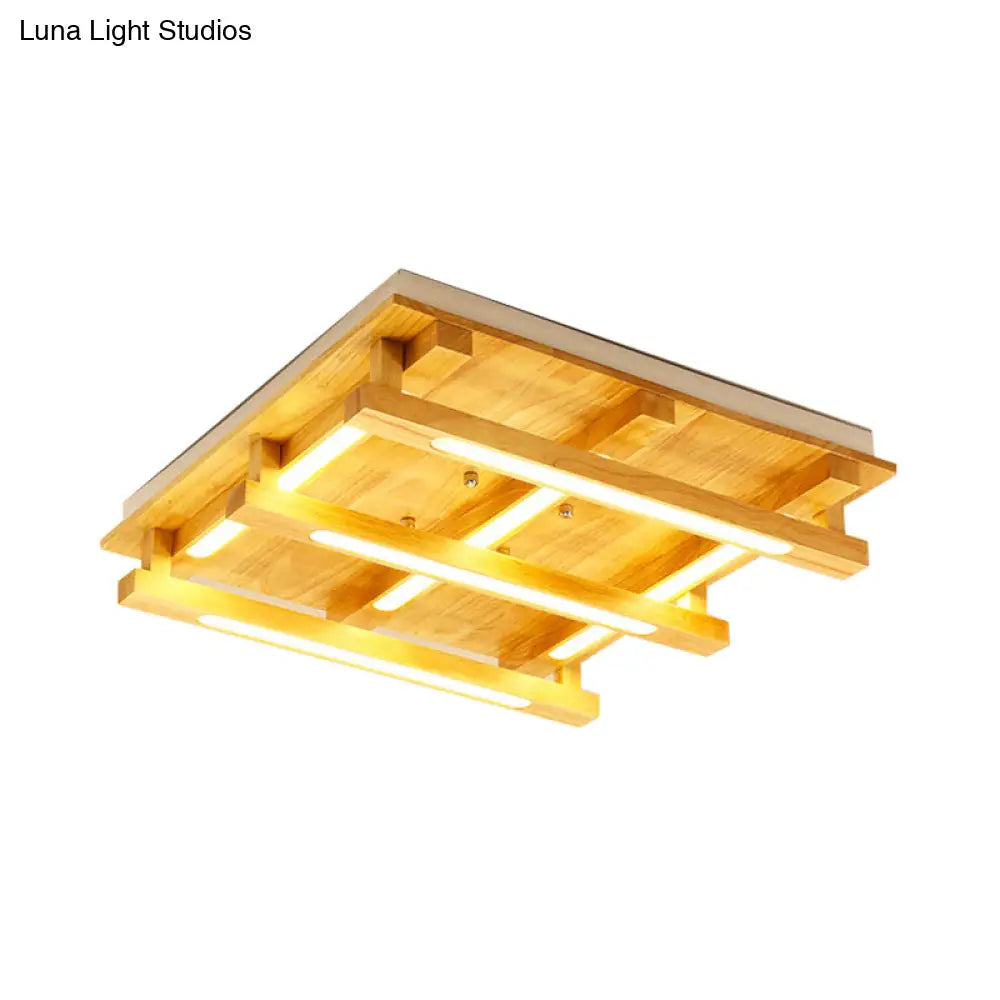 Led Flush Ceiling Light With Square Wood Shade - Modernist Brown Finish For Living Room (1/4/9