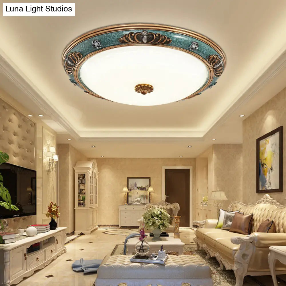 Led Flush Light Fixture With Milky Glass And Traditional Green Crown Design - Wide Sizes Available