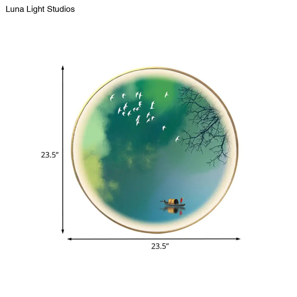 Led Green Oriental Mural Wall Lamp With Circular Metallic Panel And Branch-Boat Pattern