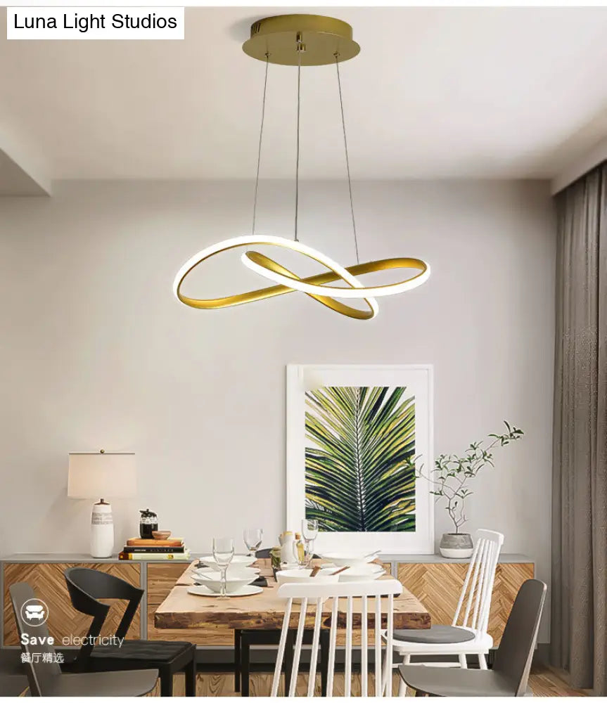 Led Line Chandelier - Modern Minimalist Style White Acrylic Shade Irregular Curved Dining Room