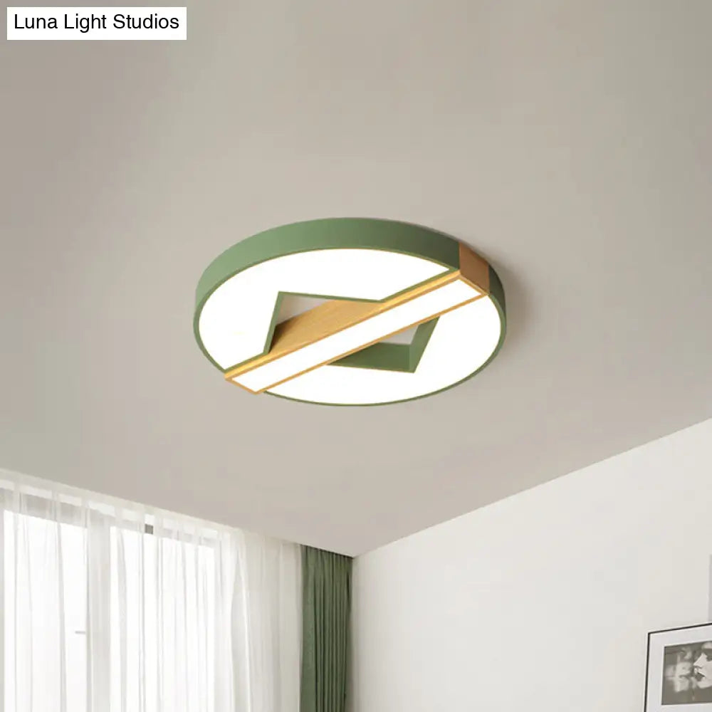Led Macaron Green/Grey - Wood Bedroom Ceiling Light - 16.5’/20.5’ Flushmount With Round Acrylic
