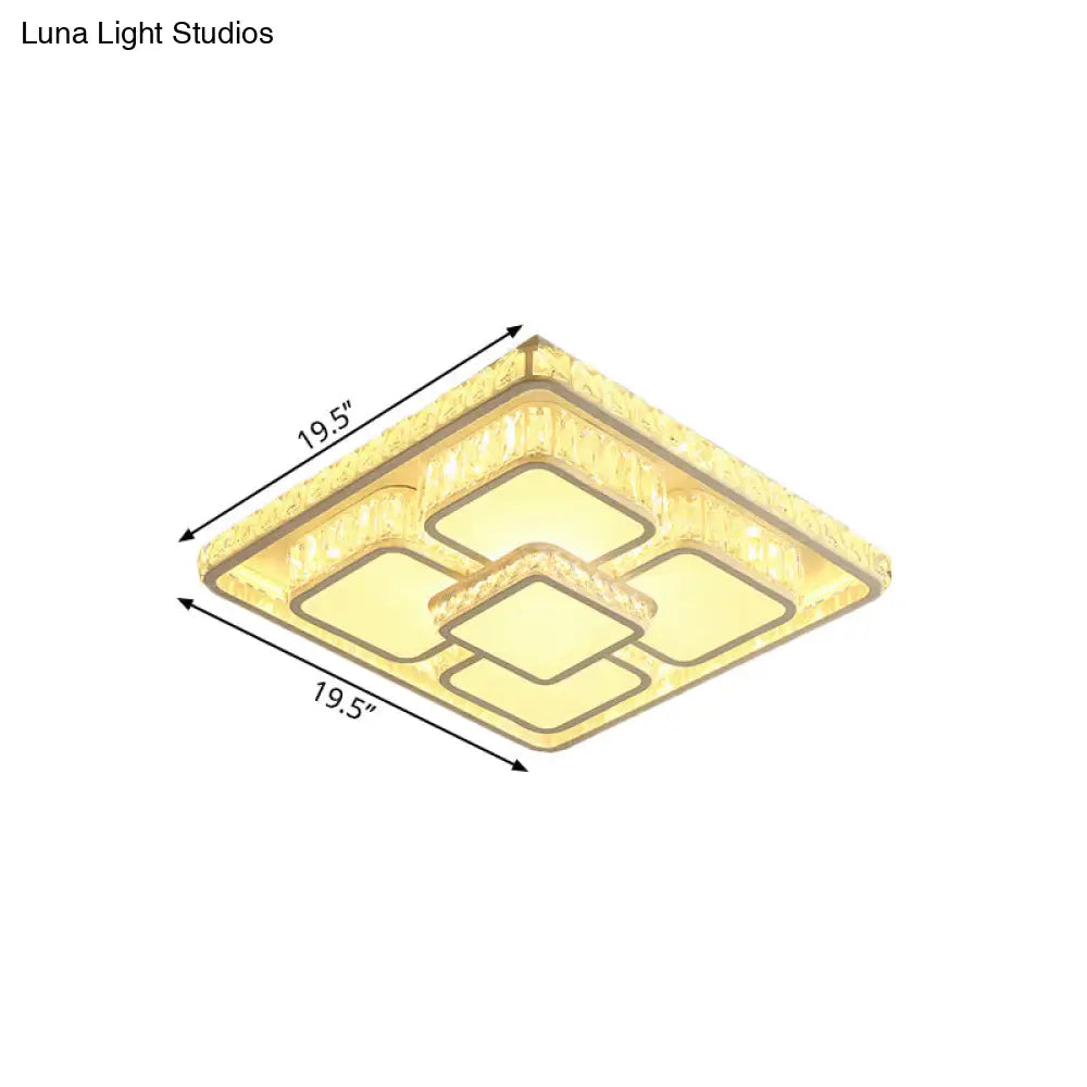 Led Modern Chrome Flush Mount Ceiling Light With Square Crystal Shade