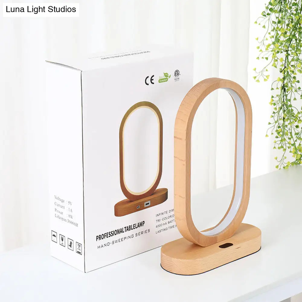 Led Nightstand Lamp - Beige Oblong Shape Contemporary Design With Wood Shade Perfect For Reading
