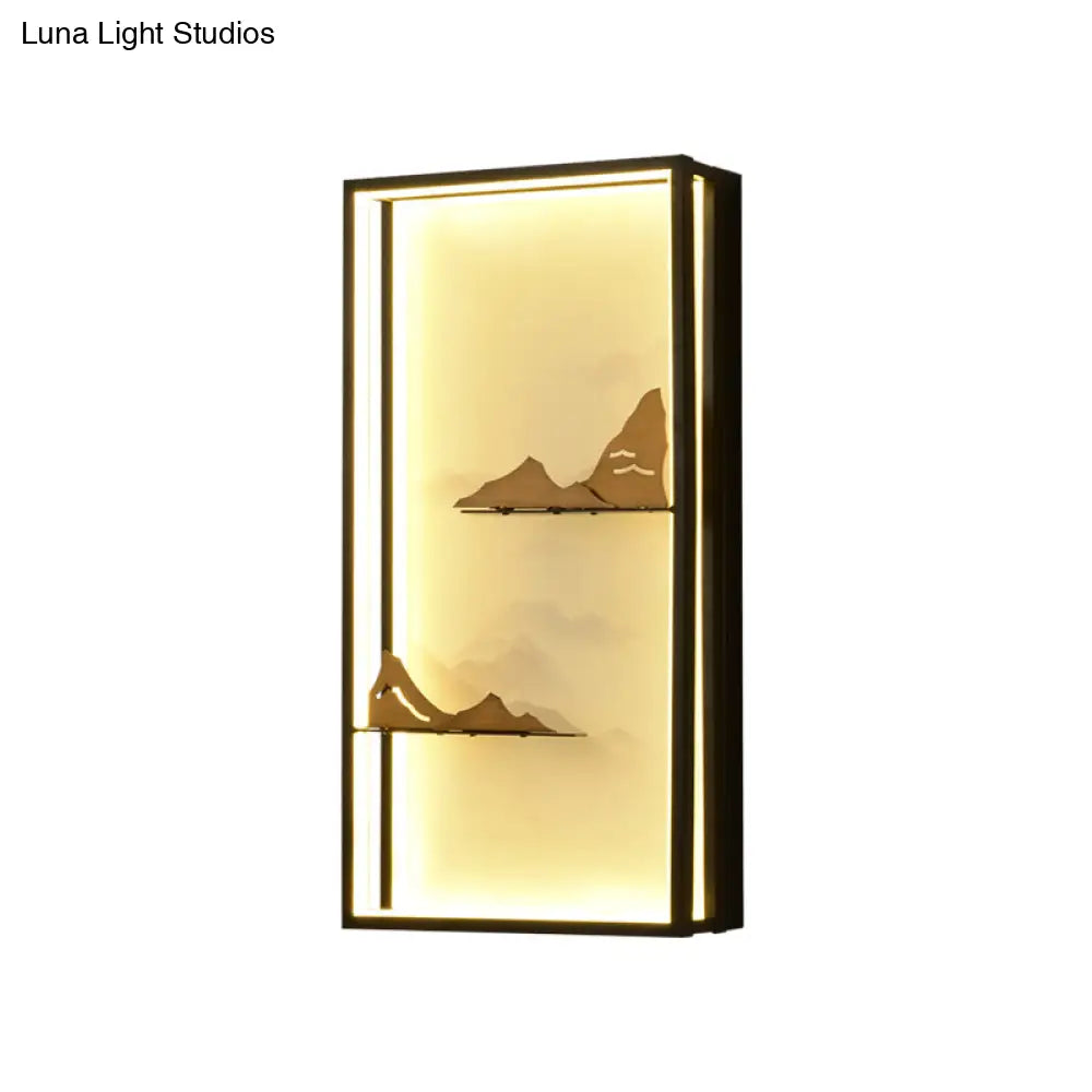 Led Oriental Style Black Mountain Wall Light With Metallic Mural Design