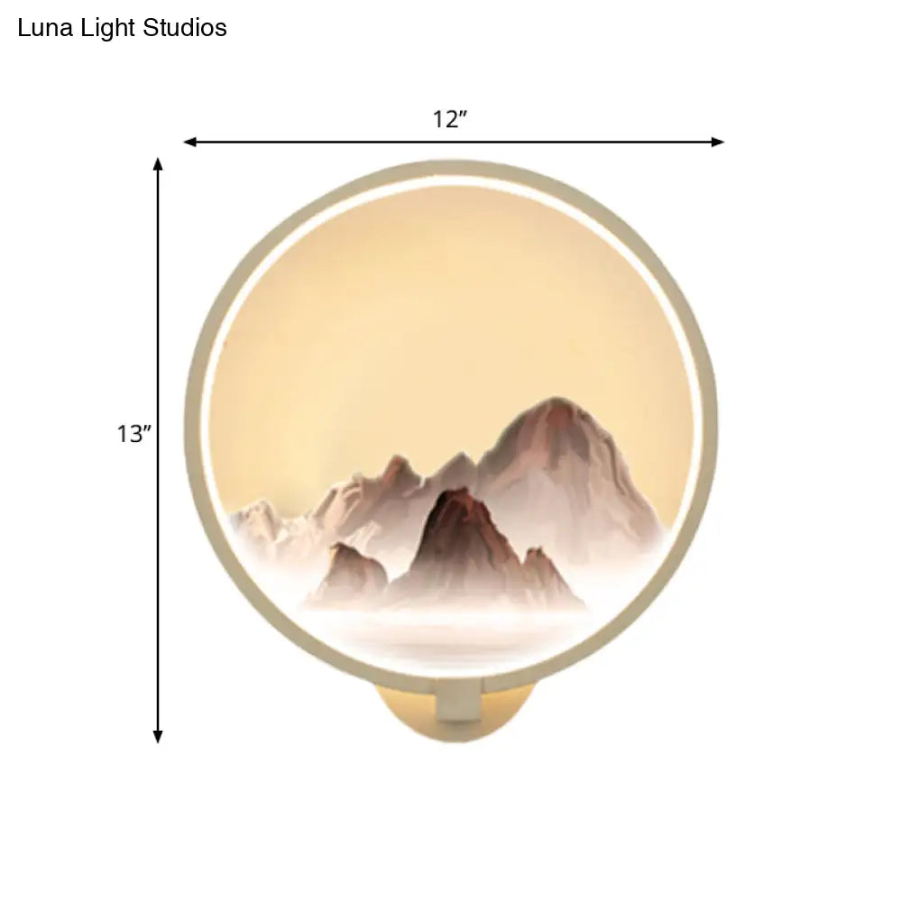 Led Oriental Style Wall Lamp With Mountain Pattern - White Circular Metal Lighting Idea