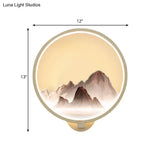 Led Oriental Style Wall Lamp With Mountain Pattern - White Circular Metal Lighting Idea